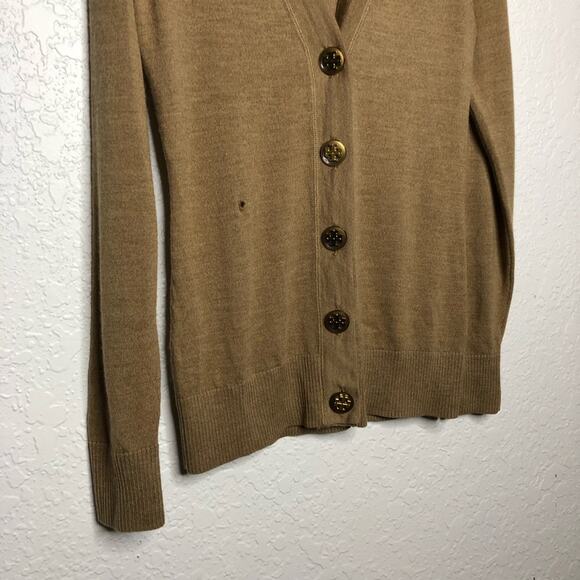 Tory Burch tan v neck button merino wool cardigan size Extra Small XS - flawed - Picture 3 of 13